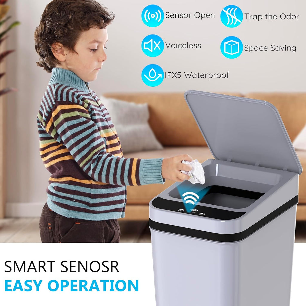 3Pack Bathroom Small Trash Can With Lid, 2.6 Gallon Touchless Automatic Garbage Can Slim Waterproof Motion Sensor Smart Trash Bin For Bedroom, Office, Living Room White/Black/Grey