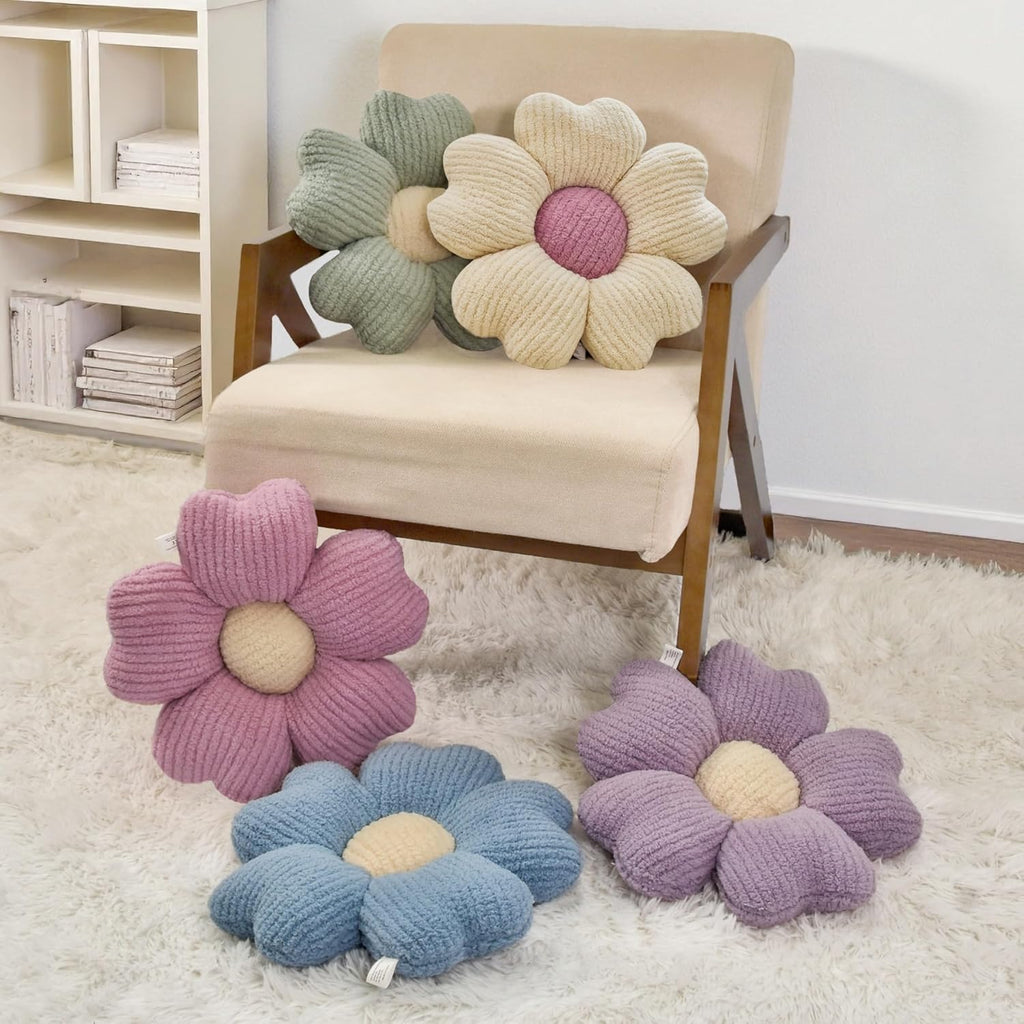 2 Pcs Sage Green Decorative Throw Pillows, 15'' Cute Daisy Flower Shaped Pillow Floor Seating Cushion for Bed Couch Bedroom Room Dorm Decor (Sage Green & Ivory)