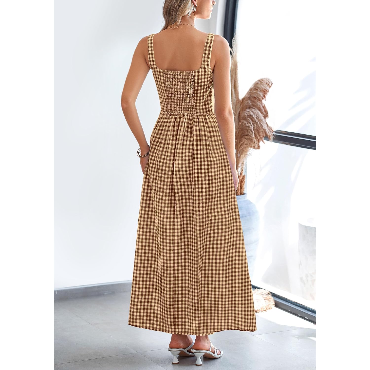 Prettygarden Women'S 2026 Summer Spaghetti Strap Maxi Dresses Plaid Square Neck A Line Casual Beach Vacation Long Sundress