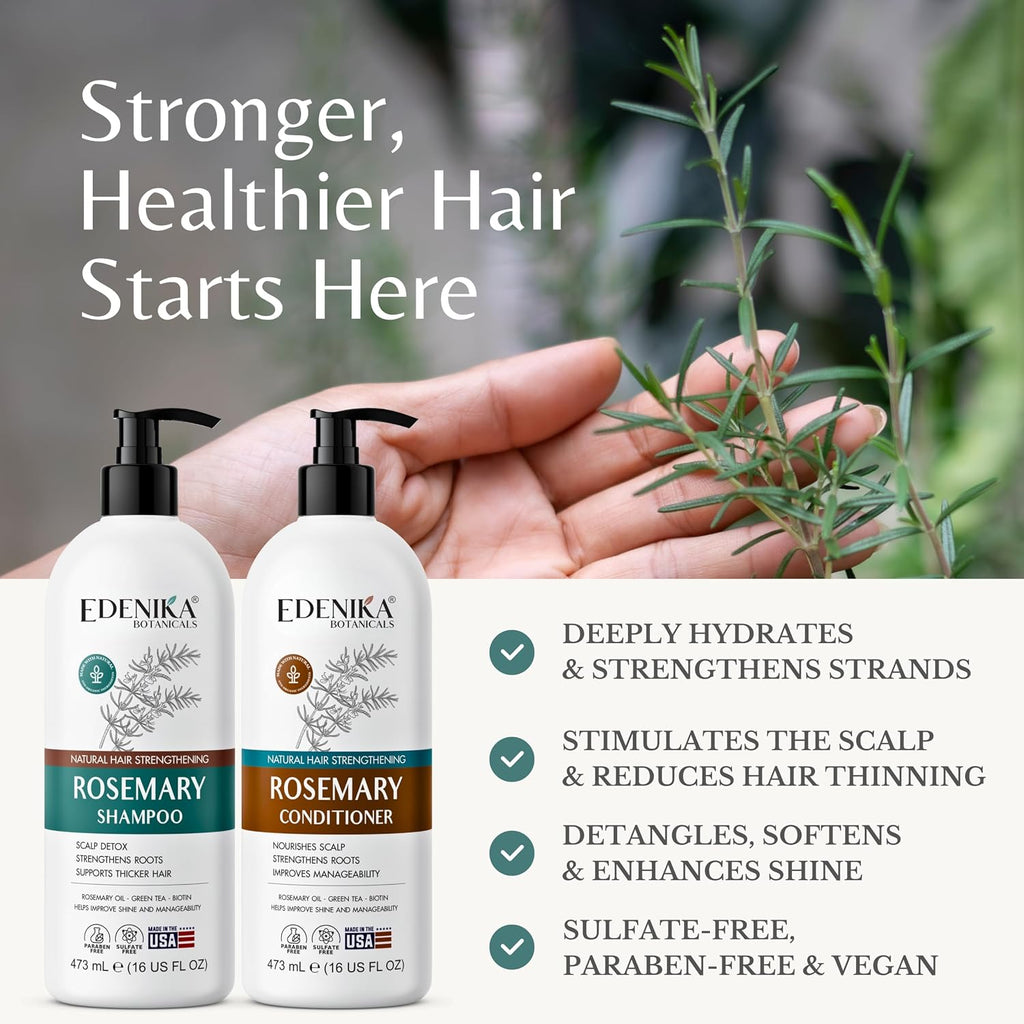 Rosemary Oil Shampoo & Conditioner Set With Biotin & Spirulina For Thinning Hair, Anti-Hair Loss & Strengthening Botanical Formula, Women & Men, Sulfate-Free