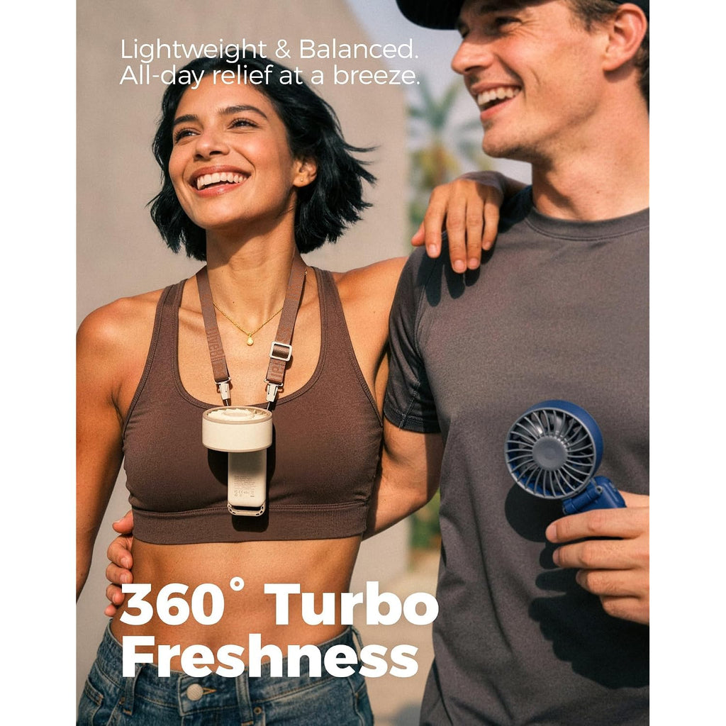 Diveblues Portable Handheld Fan D6036 Cream | 7.4M/S High Speed Turbo, 180° Foldable 4-In-1, Personal Neck Fan With Carabiner Clip, 100 Speed Stepless Control