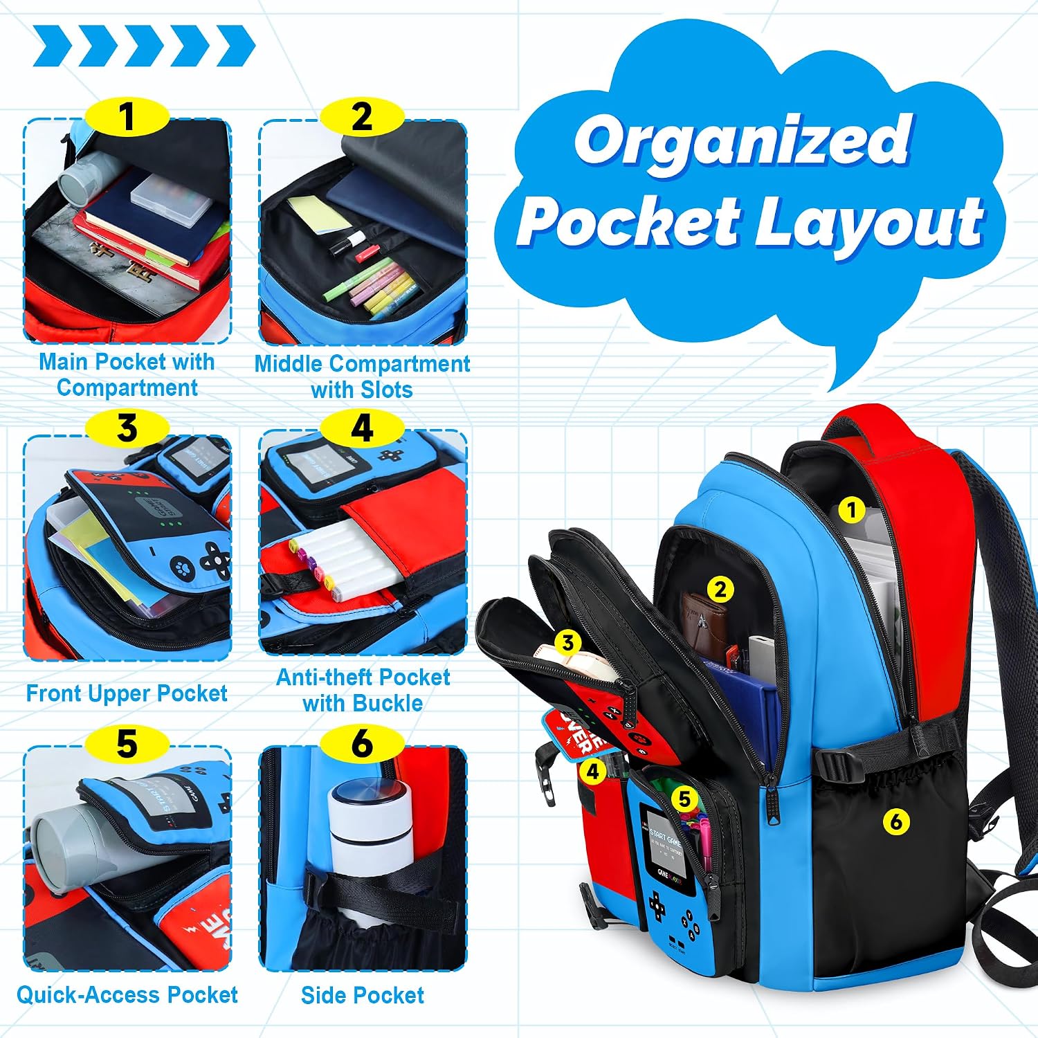 Gamer Backpack For Boys, 4Pcs Gaming Boys Backpack With Lunch Box And Pencil Case For Kids, Video Gamer School Bags