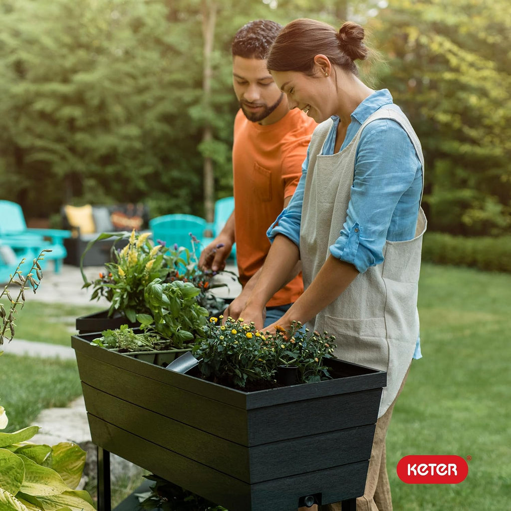 Keter Urban Bloomer 12.7 Gallon Raised Garden Bed And Outdoor Herb Garden Planter With Self Watering Gauge And Drainage Plug, Dark Grey
