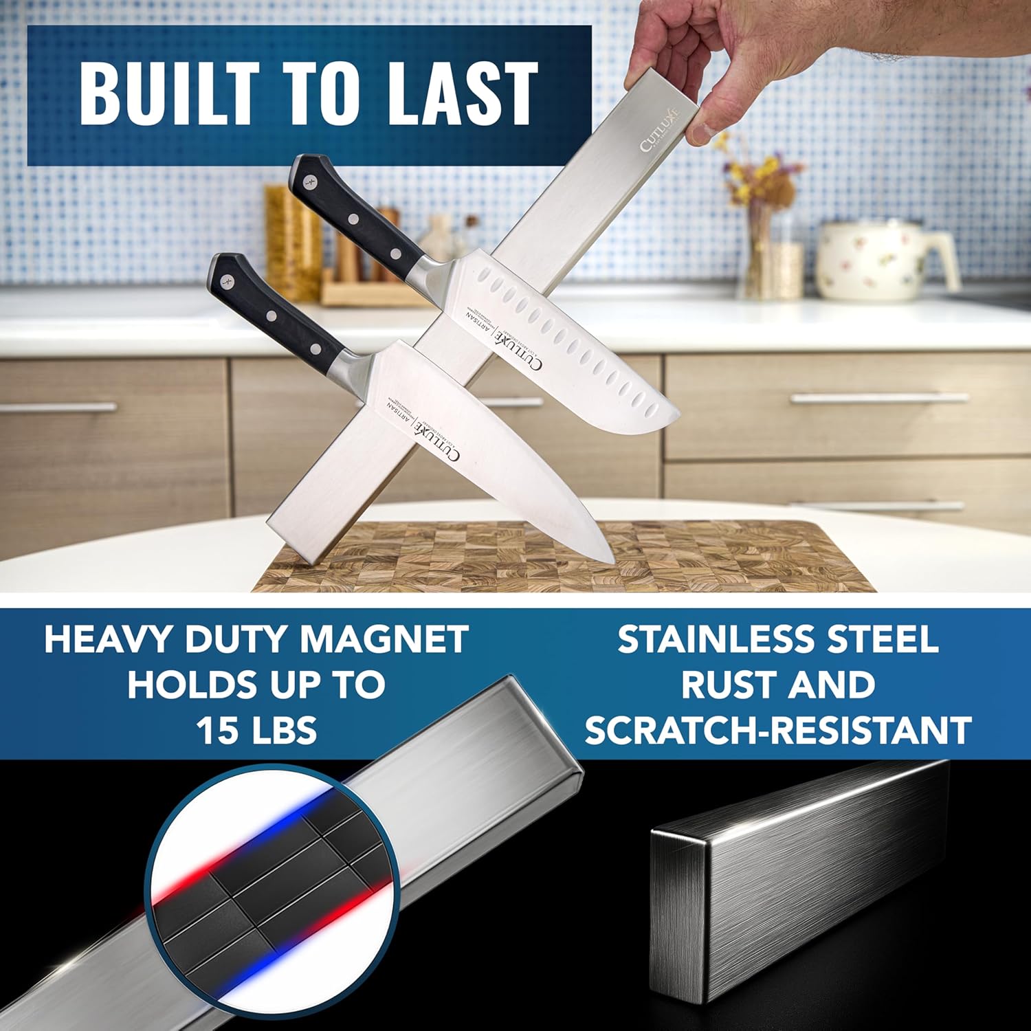 Cutluxe Magnetic Knife Holder for Wall and Fridge - 16" Stainless Steel Knife Magnetic Strip - Holds up to 15 Lbs, Easy to Mount, With Strong Magnets or Screws
