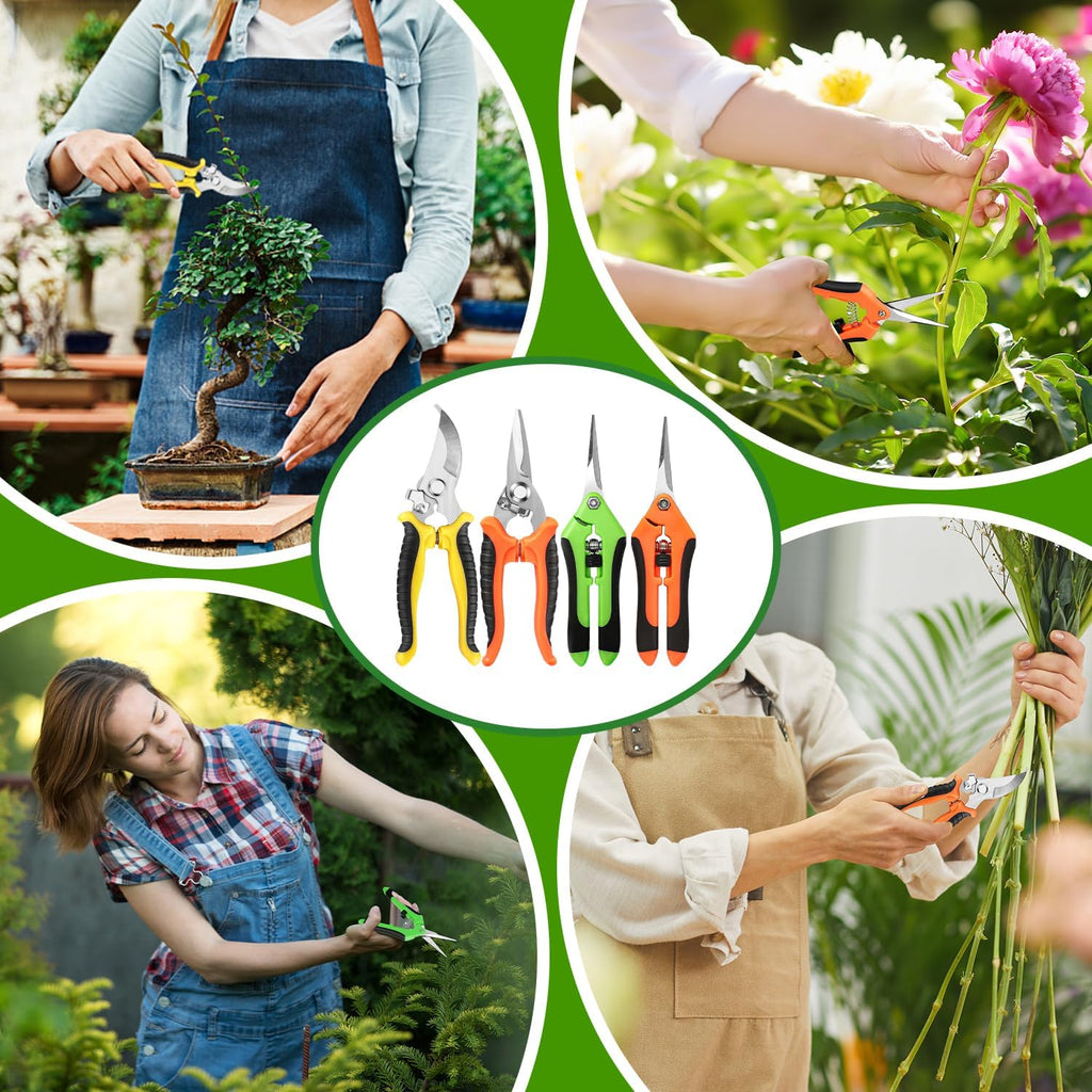 4 Pack Garden Pruning Shears, Stainless Steel Garden Shears, Gardening Shears, Garden Scissors, Clippers, Pruning Snips, Pruning Shears For Gardening Tools (4Pcs Yellow Orange Green)