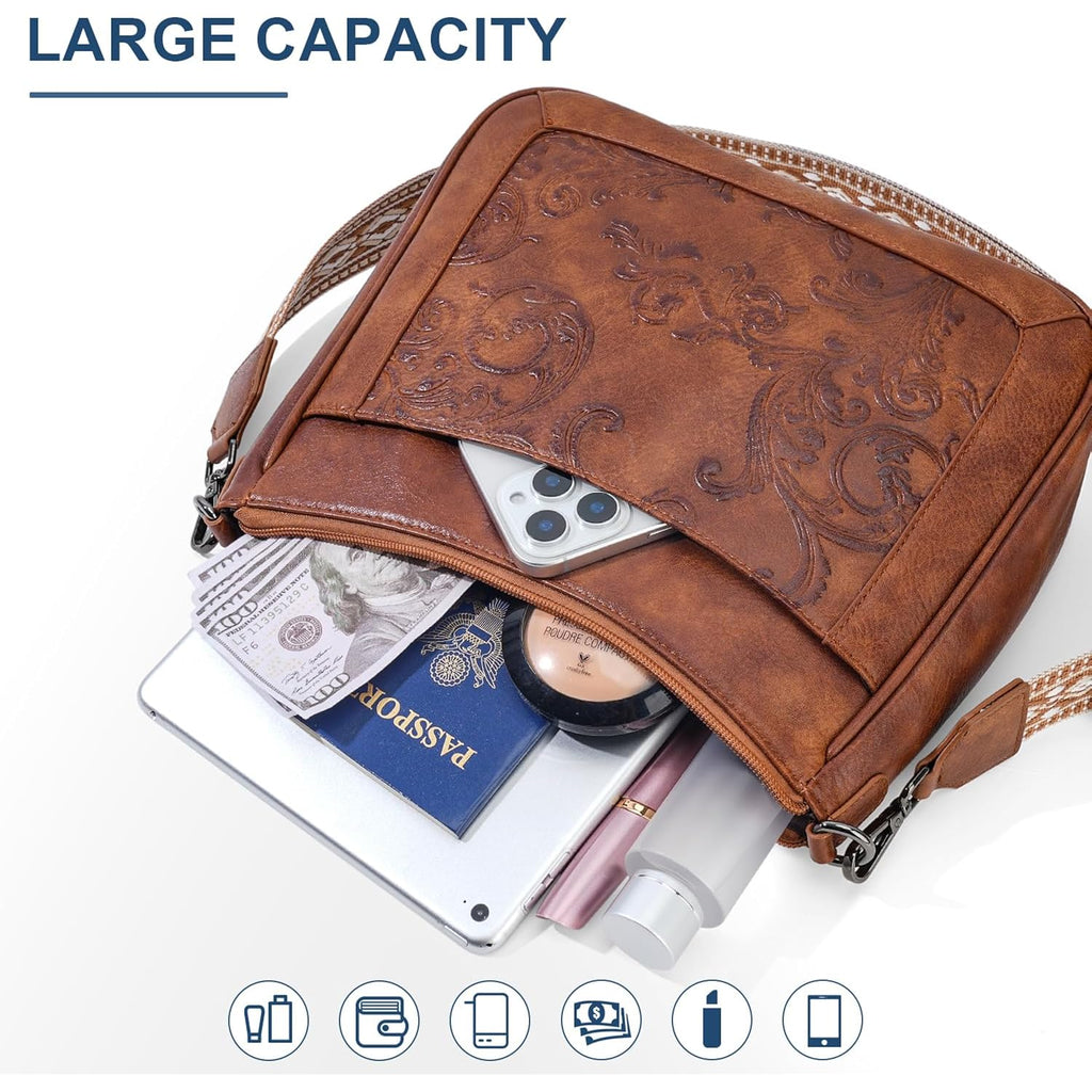 Crossbody Bags For Women,Vegan Leather Crossbody Purse With Adjustable Strap Embossed Flower Women'S Shoulder Handbags | Medium