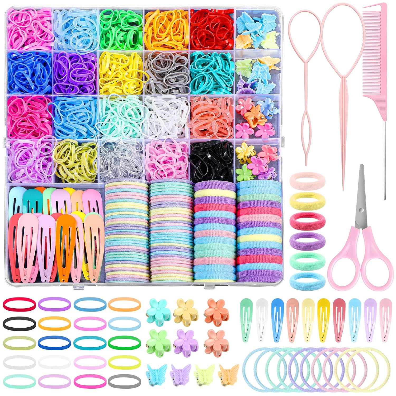 Auroray Hair Accessories For Girl, 1543 Pcs Elastic Hair Rubber Bands Set 20 Colors Elastic Hair Ties With Organizer Box Cotton Baby Hair Ties, Hair Tail Tools, Rat Tail Comb, Butterfly Hair Clips