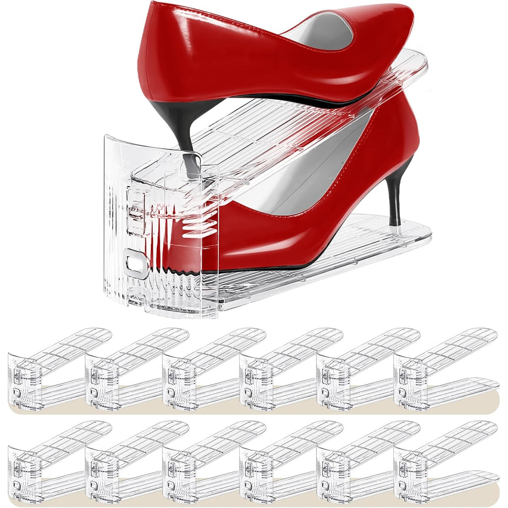 Shoe Slots Organizer 12 Pack - Shoe Stacker,3 Levels Adjustable,Space Savers 50%,Double Layer Holders For Closet (Transparent),Organizador De Zapatos