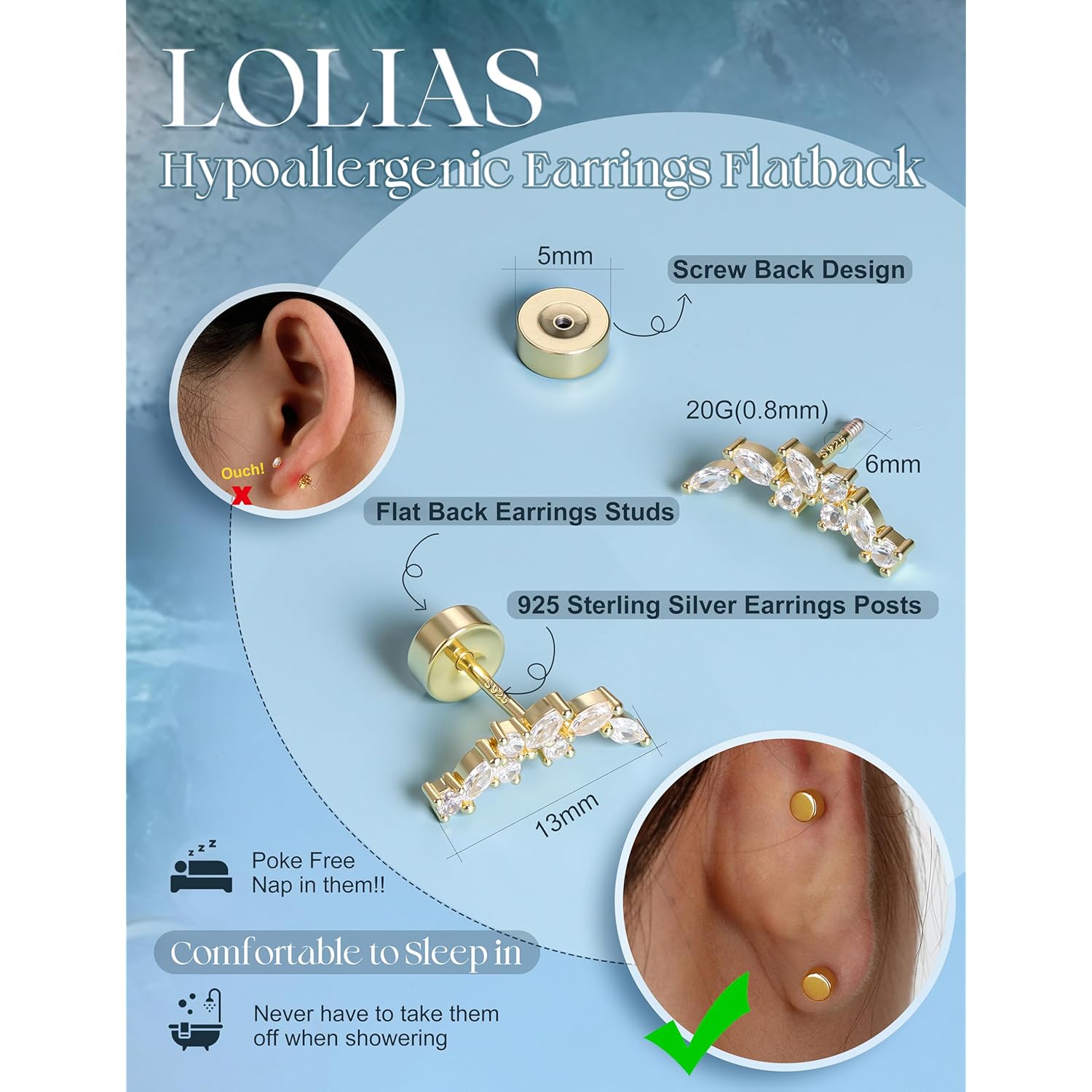 LOLIAS Hypoallergenic Cartilage Earrings for Women Flat Back-925 Sterling Silver Post Stud Flatback Earrings for Sensitive Ears-20G Ear Crawler Climber Cartilage Earring Tragus Conch Helix Piercing Jewelry