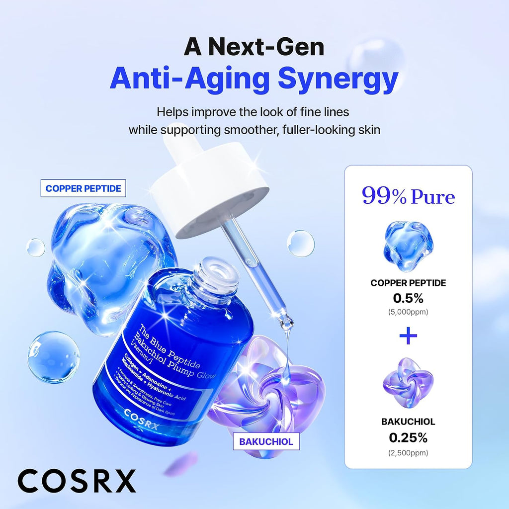 Cosrx The Blue Copper Peptide Bakuchiol Serum, Korean Peptide Plumping Serum For Face, Ghk-Cu Copper Peptides With Bakuchiol, Glow & Plump, Anti-Aging & Skin Firming Care, Korean Skin Care, 1.69 Fl Oz