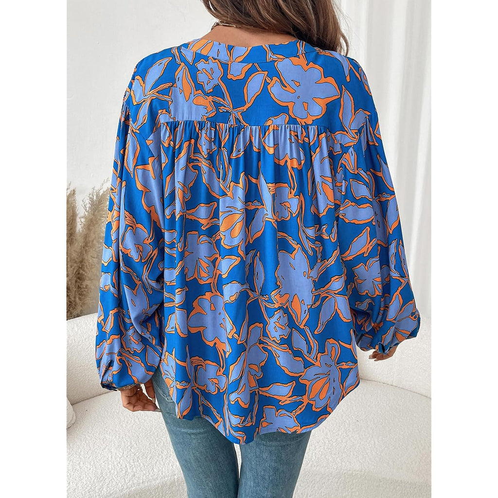 Astylish Womens 2026 Boho Floral Loose Spring Summer Tops Lantern Sleeve Flowy Blouses V Neck Button Down Shirts