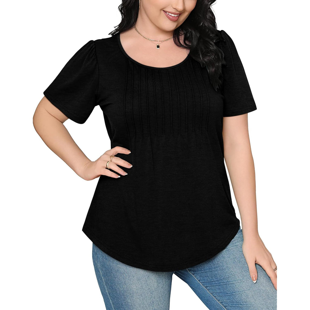 Womens T Shirts Short Sleeve Pleated Dressy Casual Scooped Neck Summer Tops Blouses