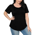 Womens T Shirts Short Sleeve Pleated Dressy Casual Scooped Neck Summer Tops Blouses