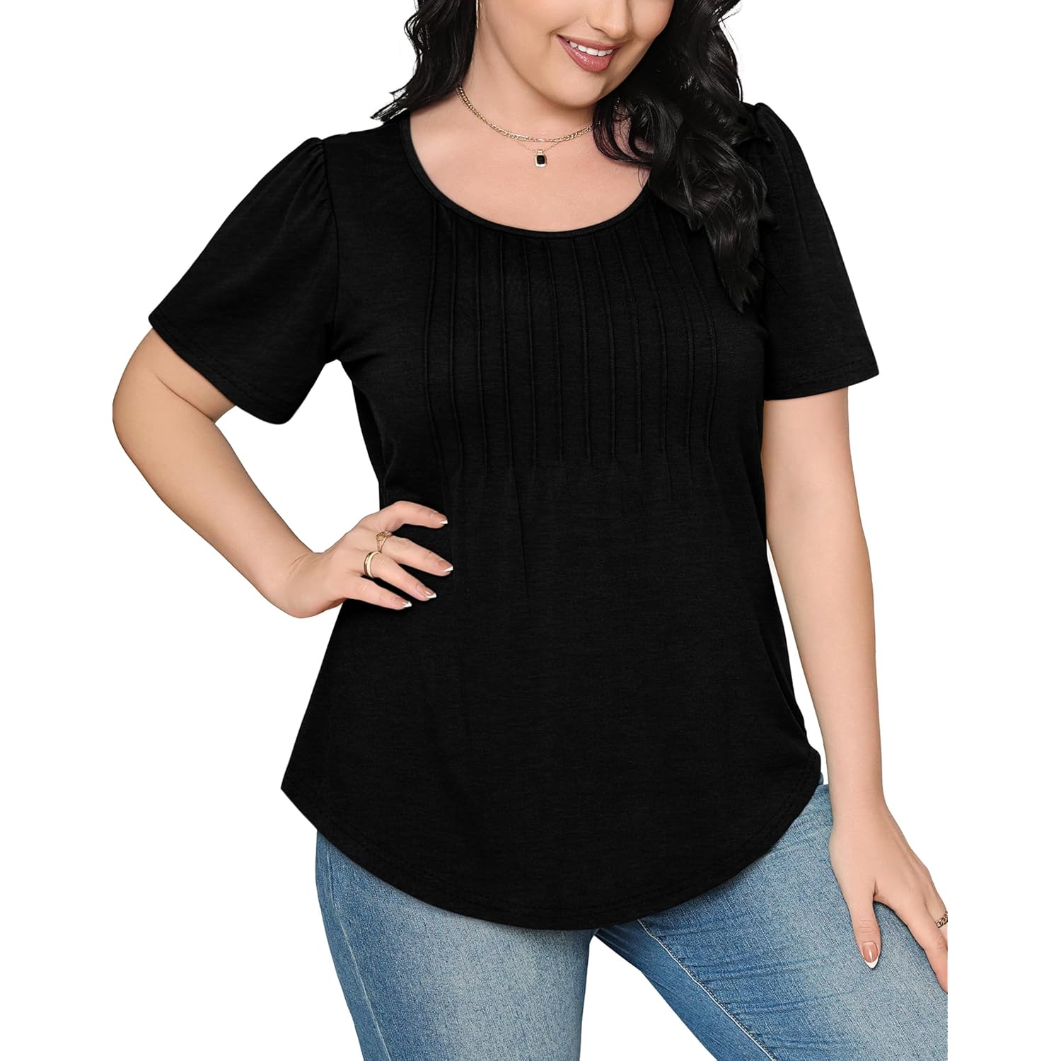 Womens T Shirts Short Sleeve Pleated Dressy Casual Scooped Neck Summer Tops Blouses
