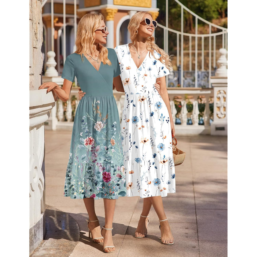 Womens Summer Casual Dresses Short Sleeve Midi Warp V-Neck Floral Dress with Pockets Tiered Flowy A Line Sundress