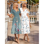 Womens Summer Casual Dresses Short Sleeve Midi Warp V-Neck Floral Dress with Pockets Tiered Flowy A Line Sundress