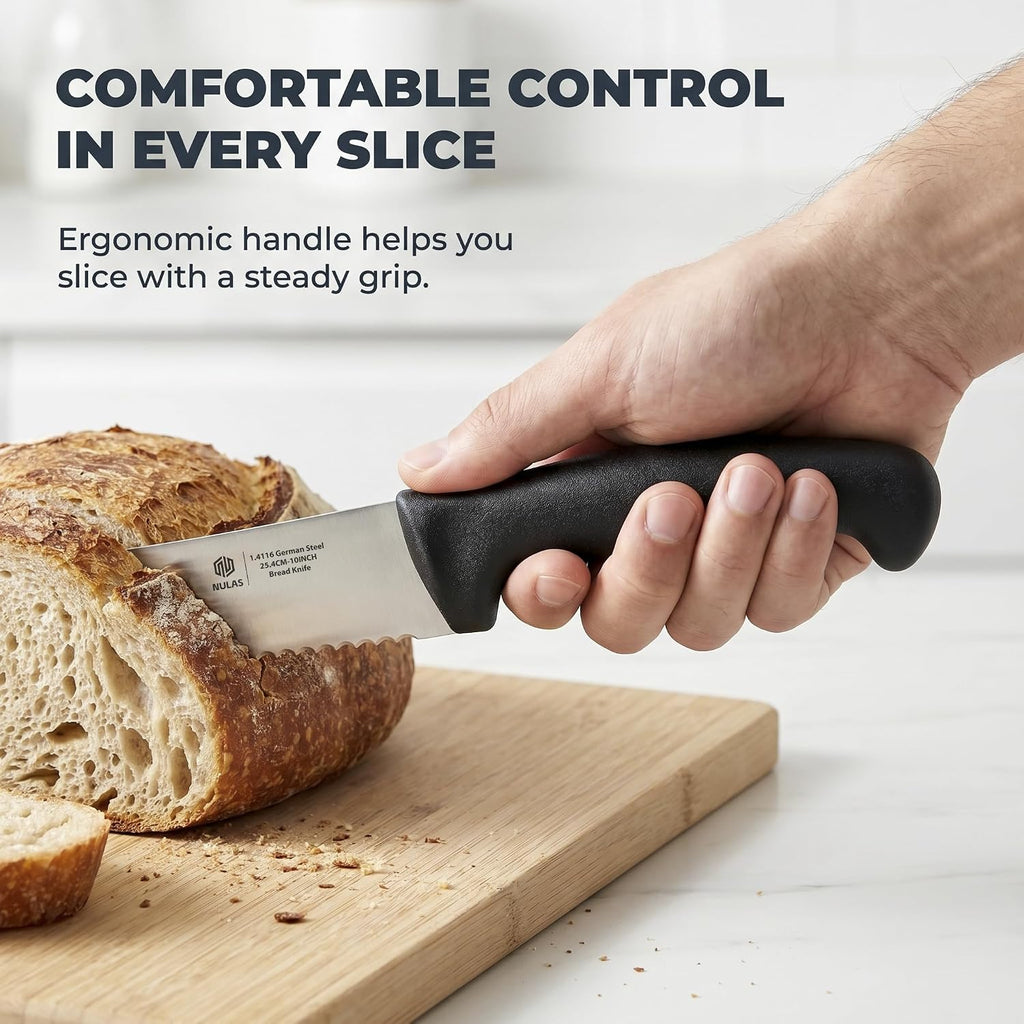 10-Inch Serrated Bread Knife With Sheath For Sourdough, German Steel | 1.4116 Stainless Steel Blade For Homemade And Artisan Loaves With Cover, Black