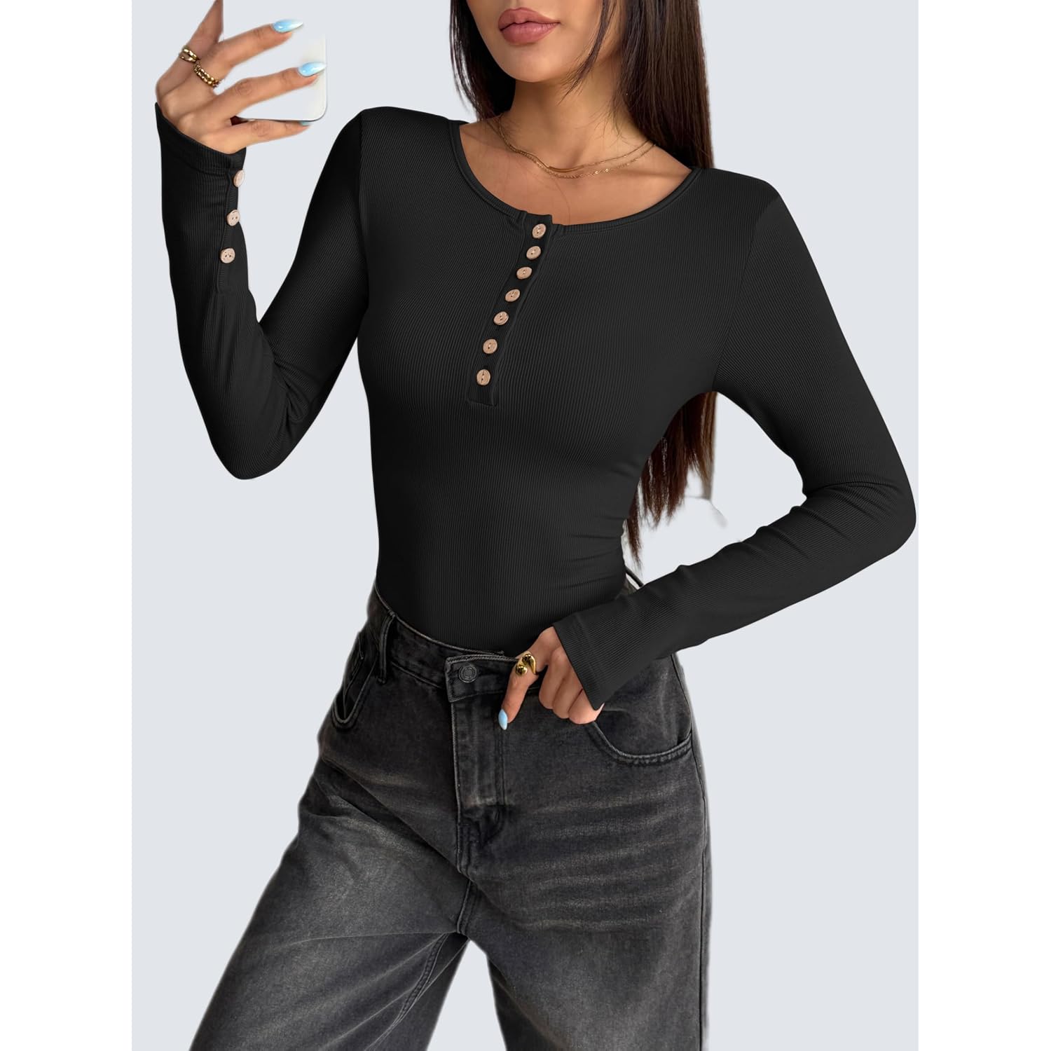 Zeagoo Womens Long Sleeve Henley T Shirts Button Ribbed Knit Slim Fitted Tee Tops Basic Casual Work Blouse Xs-Xxl