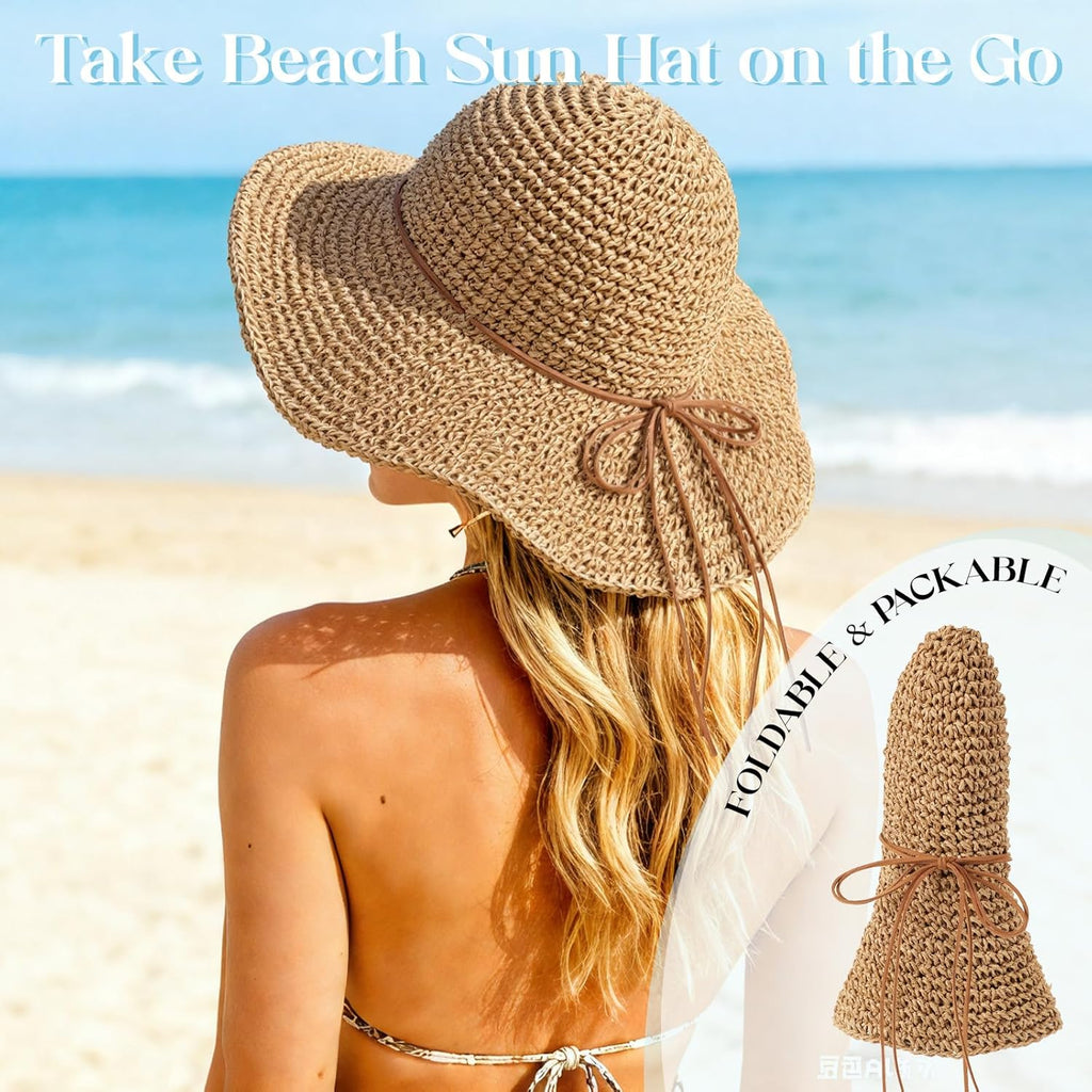 Beach Sun Straw Hats for Women, Floppy Wide Brim Summer Straw Hats, Foldable Packable Roll up Cap