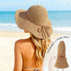 Beach Sun Straw Hats for Women, Floppy Wide Brim Summer Straw Hats, Foldable Packable Roll up Cap