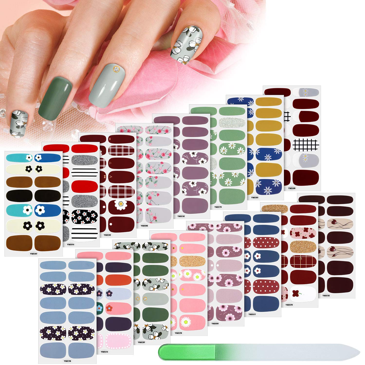 Maitys 224 Pieces 16 Sheets Full Wrap Nail Stickers Polish Stripes Self Adhesive Art Decals with File with File Manicure Kit for Women DIY Holiday(Fresh Floral Series)