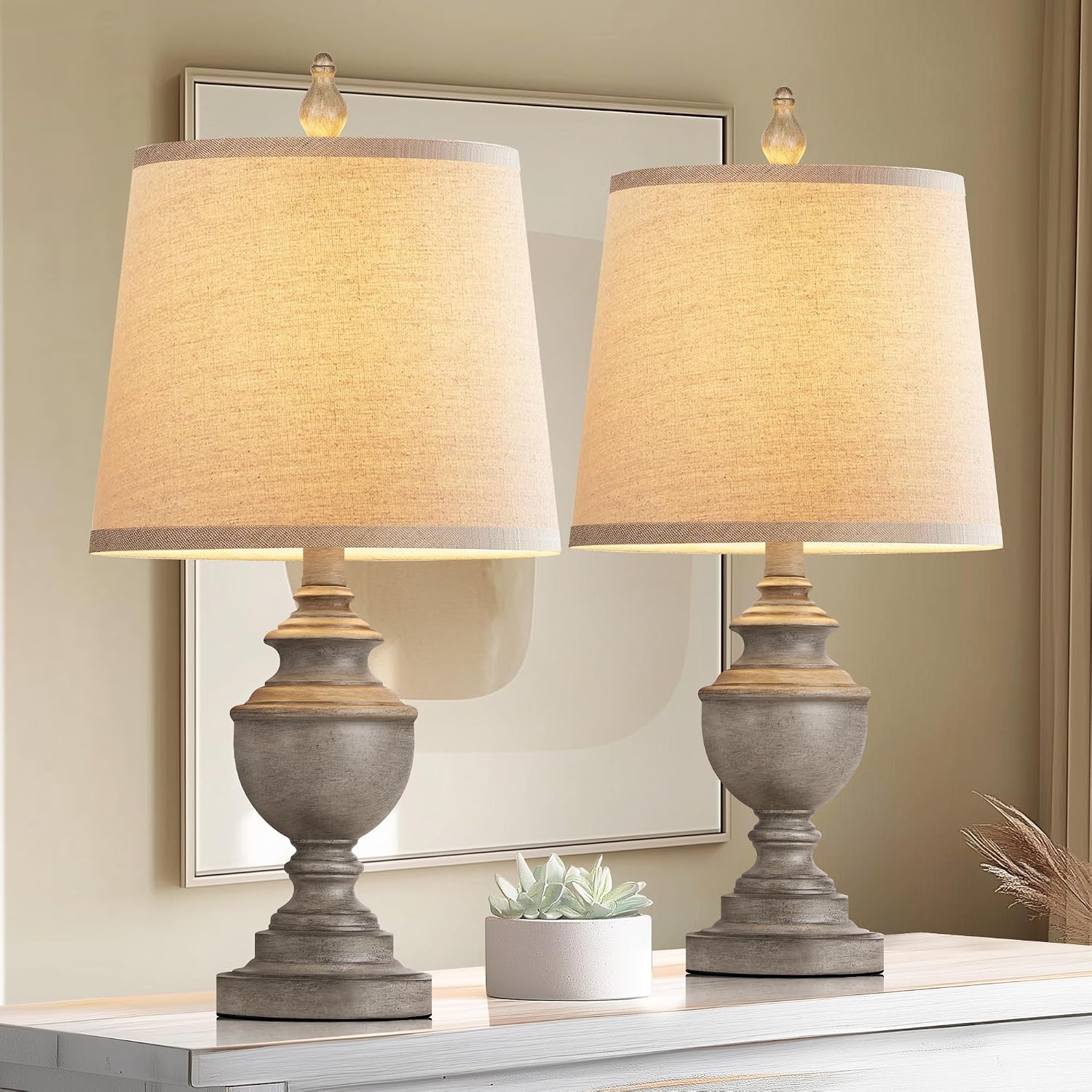 Retro Table Lamps Set Of 2, Bedside Lamp For Bedroom Rustic Farmhouse Table Lamps For Living Room, 22" Vintage Nightstand Lamps With White Shades, Antique Grey