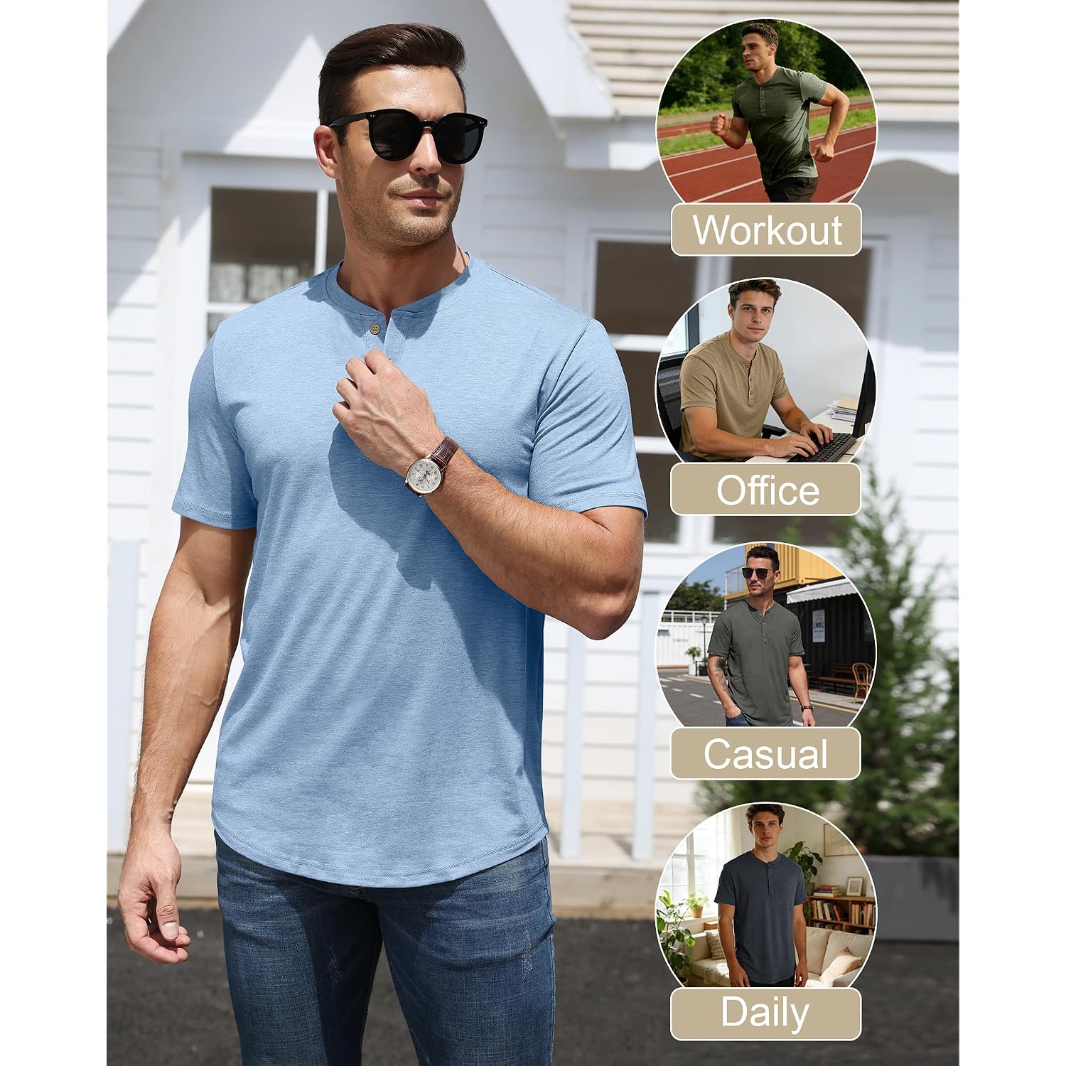 3 Pack Mens Henley Shirts Short Sleeve Casual Summer Basic Tees 3-Button Lightweight Stretch T Shirts