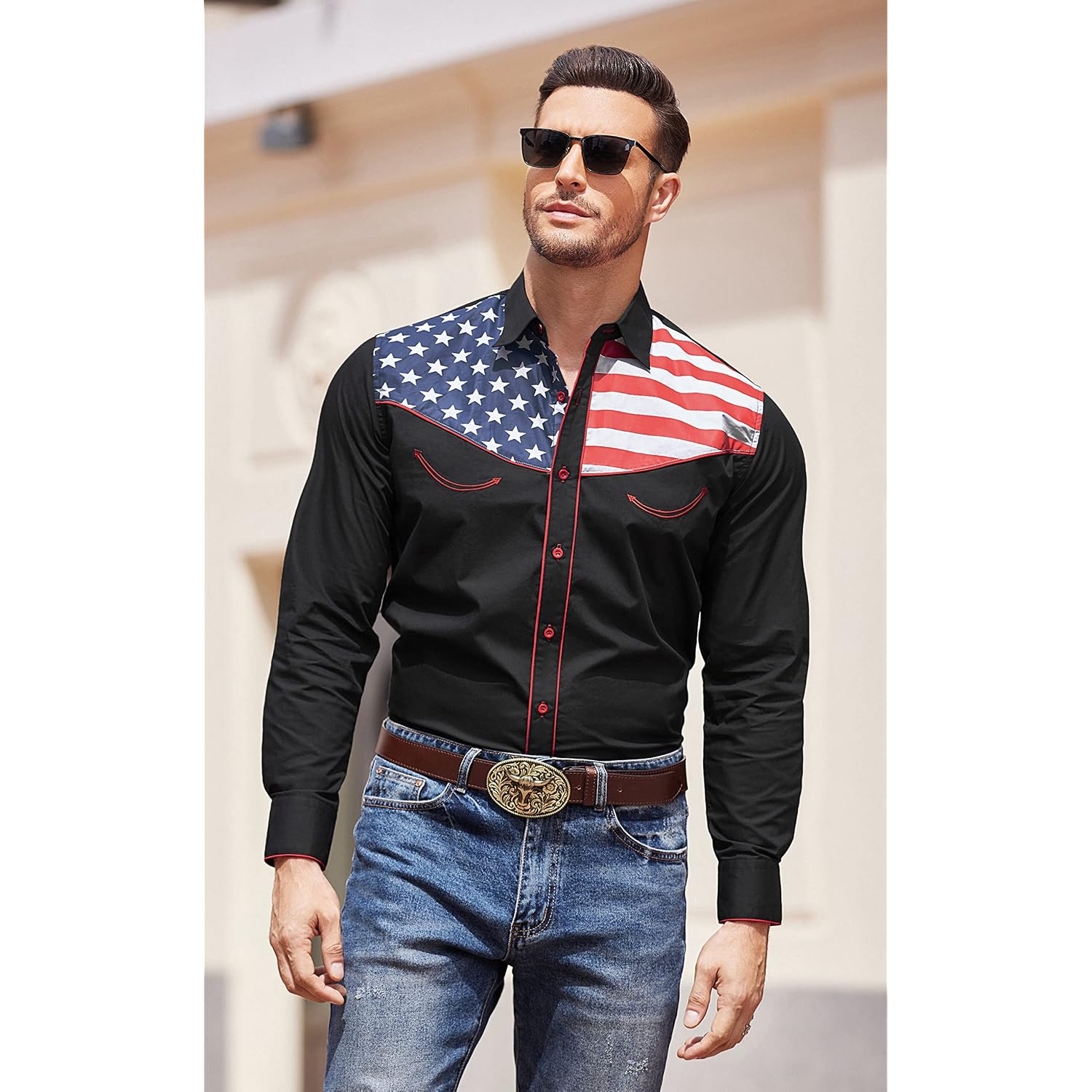 Coofandy Men'S American Flag Button Down Shirts Western Cowboy Shirt Slim Fit Patriotic Long Sleeve Shirt