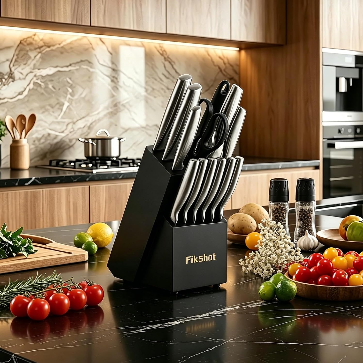 Kitchen Knife Set, German Stainless Steel Kitchen Knives | 14-Piece Includes Knife Block Set & Sharpener, High Carbon, Rust-Resistant, Ergonomic Handle For Cooking, Grilling & Gifting