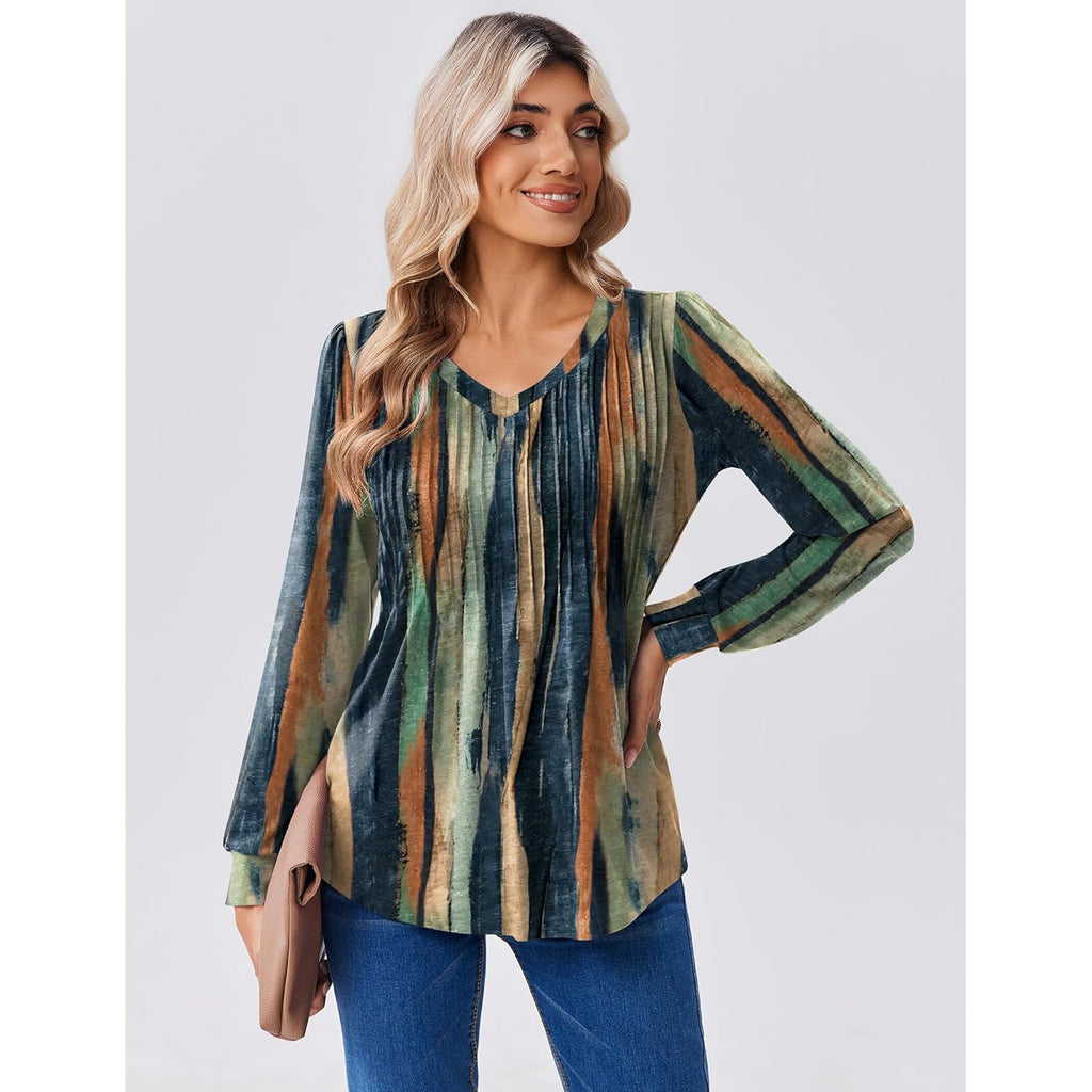 Long Sleeve Shirts for Women Casual V Neck Top Pleated Floral Boho Blouses 2026 Fall Tunics