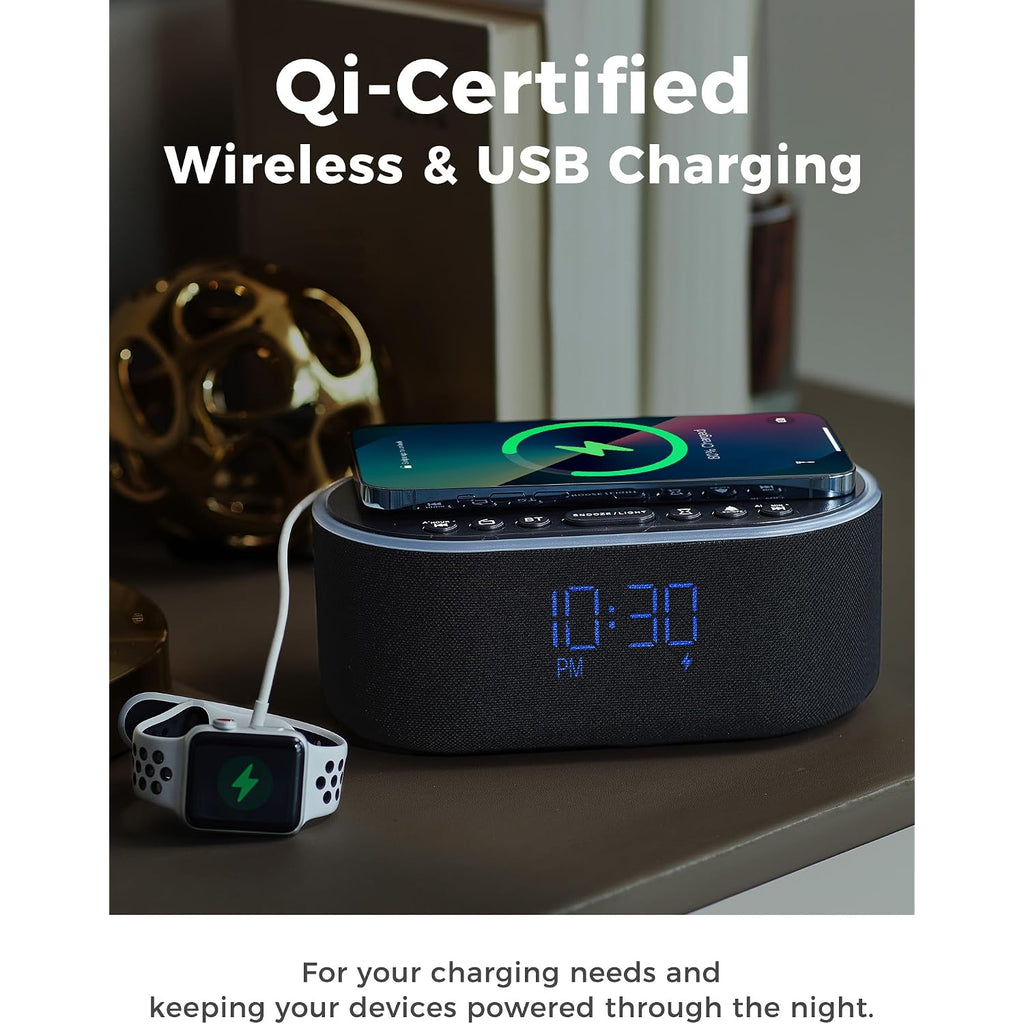 Odokee Wireless Charging Alarm Clock Radio: Qi Certified Fast Wireless Charger For Iphone Samsung - 10W Stereo Bluetooth Speaker - Dimmable Digital Clock With Fm Radio For Bedroom Black