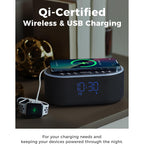 Odokee Wireless Charging Alarm Clock Radio: Qi Certified Fast Wireless Charger For Iphone Samsung - 10W Stereo Bluetooth Speaker - Dimmable Digital Clock With Fm Radio For Bedroom Black