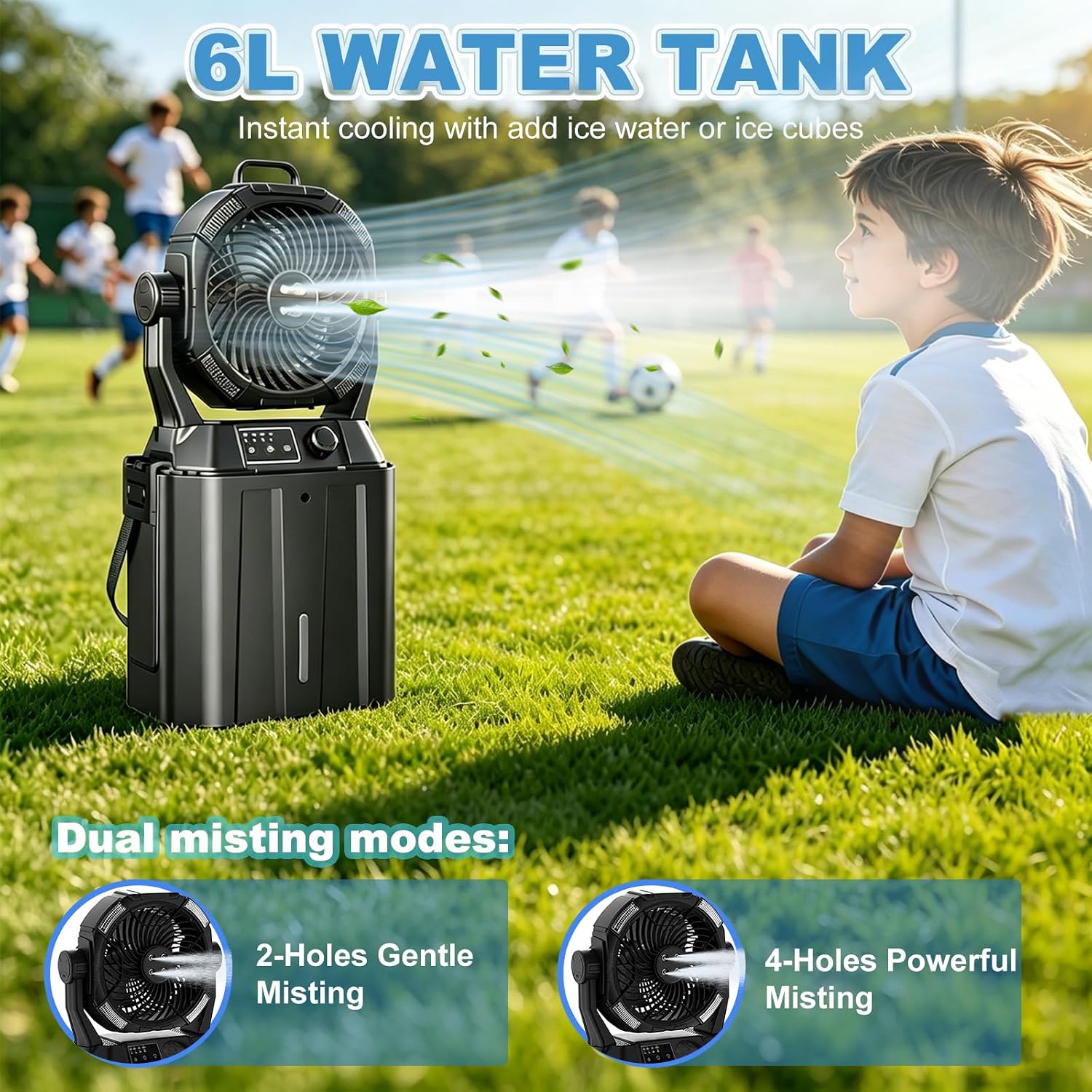 Portable Misting Fan 20000Mah Rechargeable Battery, 6L Bucket Outdoor Mist Fans Patios Cooling, Camping Fan With Led Light Modes & Stepless Speed Control, 4 Spray Mister, Timer Function(Black)