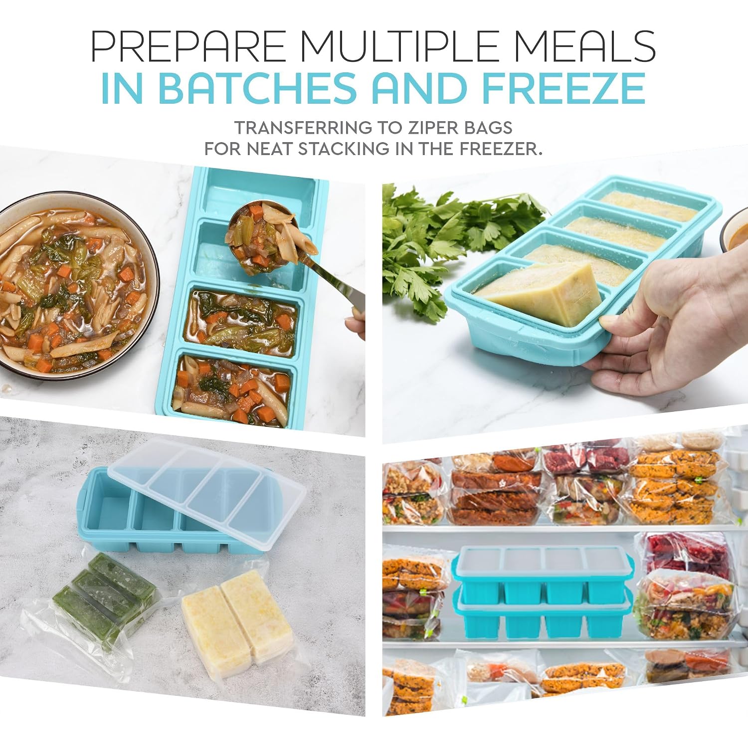Silicone Freezer Tray With Lid - Soup Freezer Container Molds - Large Ice Cube Tray- Makes 8 Perfect 1 Cup Portions Cubes, 2-Pack Freezer Storage Food Soups & Meal Prep - Oven & Dishwasher -Safe