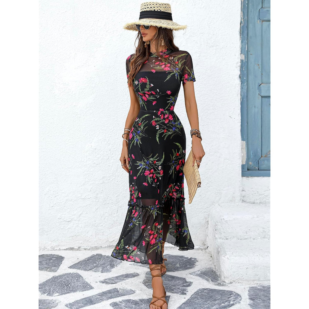 Gothdark Women'S Summer Floral Mesh Ruffle Dress Short Sleeve Round Neck Waist Cinched Casual Maxi Wedding Guest Dresses