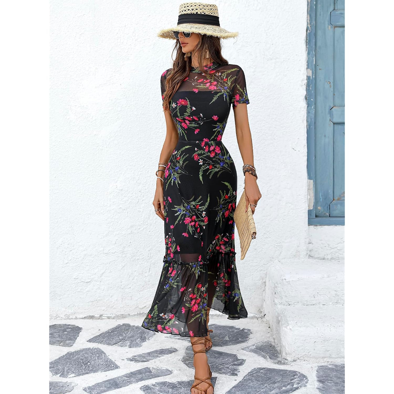 Gothdark Women'S Summer Floral Mesh Ruffle Dress Short Sleeve Round Neck Waist Cinched Casual Maxi Wedding Guest Dresses