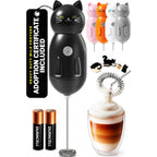 Cat-Shaped Frother Mixer – Cutesy Frother, Meet Your New Frothing Buddy Midnight The Cat, Adoption Papers And Stickers Included, Purrr-Fect For Lattes, Cappuccino & Matcha – Black