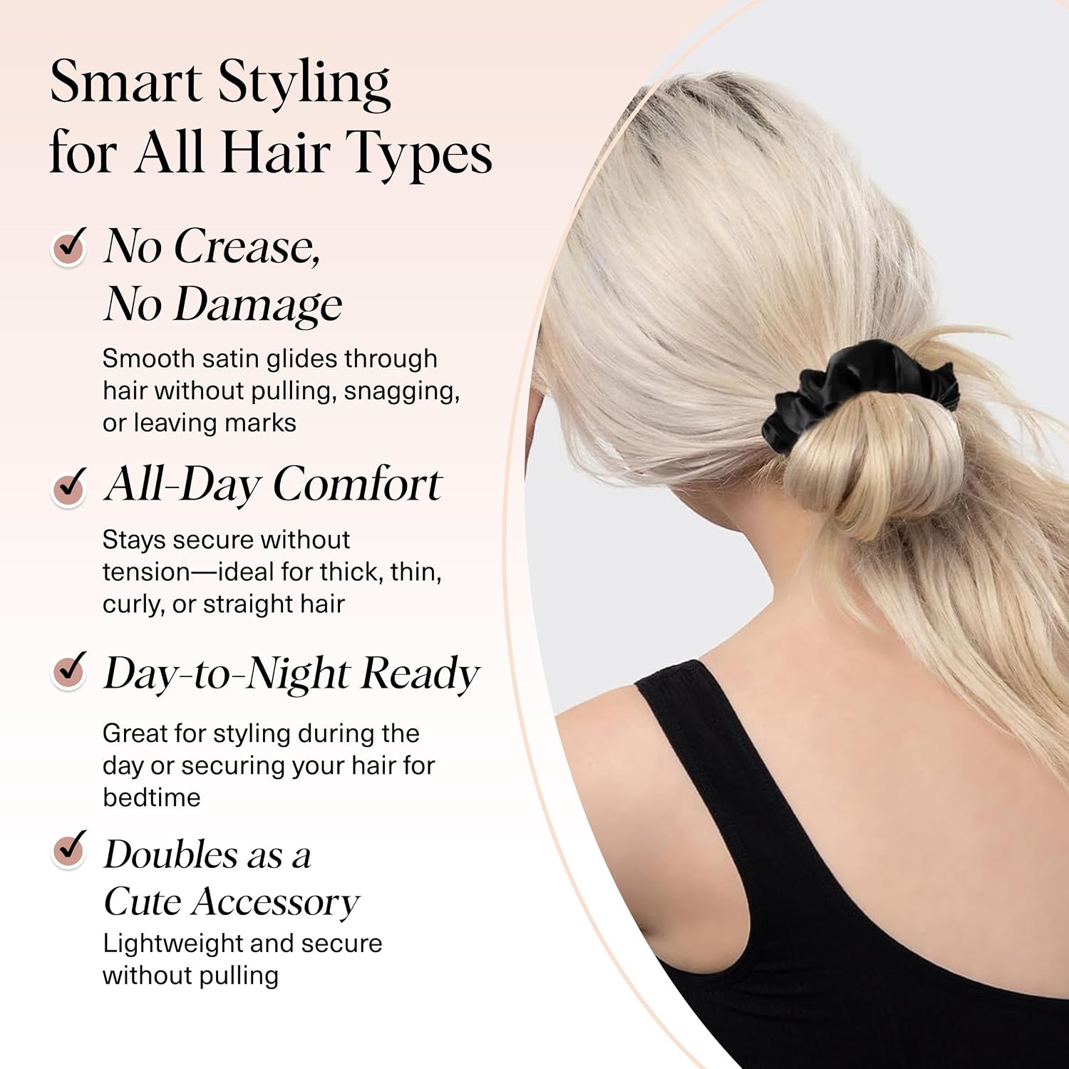 Kitsch Satin Scrunchies For Women - No Crease, Frizz Control | Softer Than Silk Scrunchies Gentle On Hair Scrunchies For All Hair Types | Stylish Hair Accessories College Essentials - Black, 5Pcs