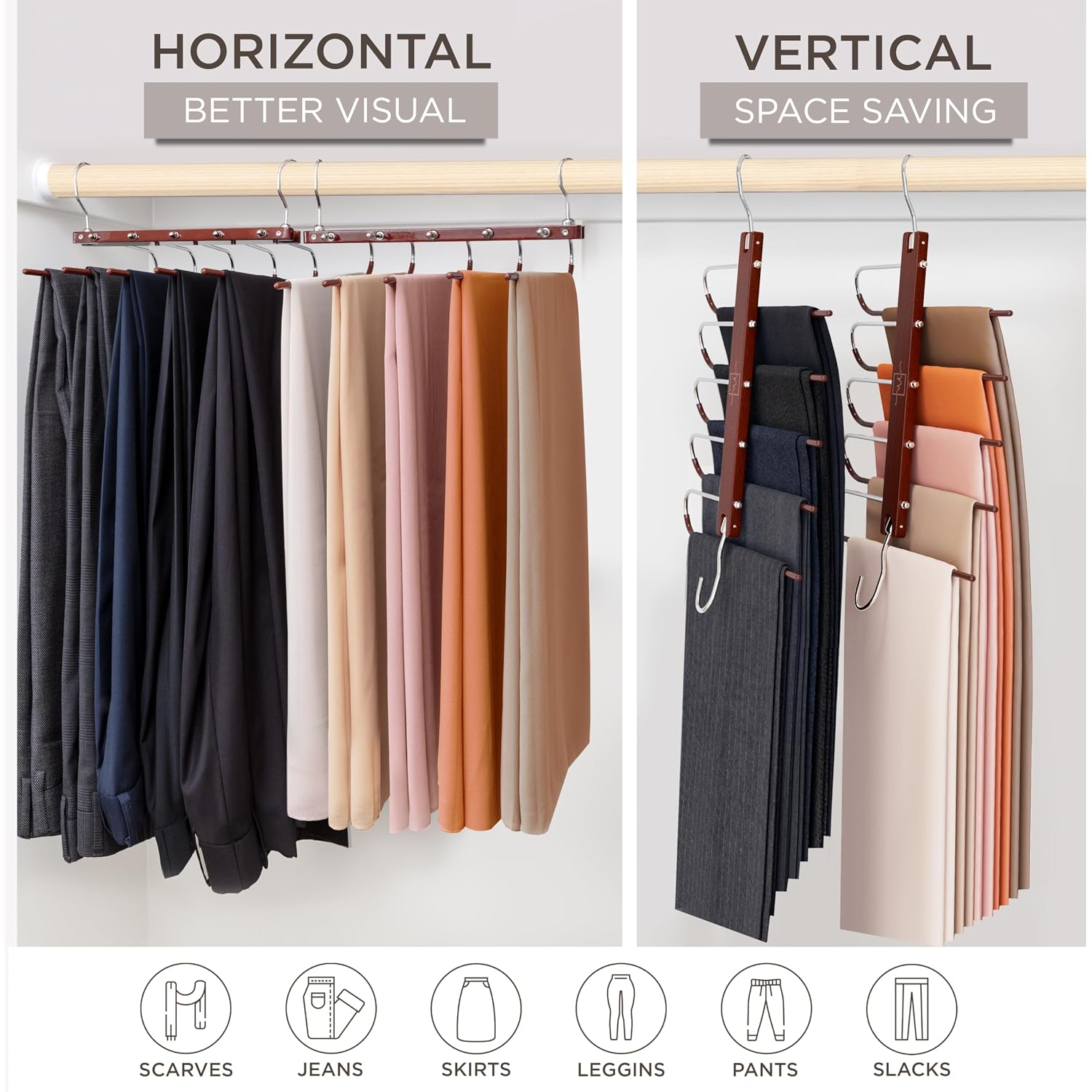Pants Hangers Space Saving - 2 Pack European Beechwood Scarf And Jean Hangers - Closet Organizer And Space Saver Pant Rack, Leggings Hanger, And Scarf Holder With 360° Swivel Hook