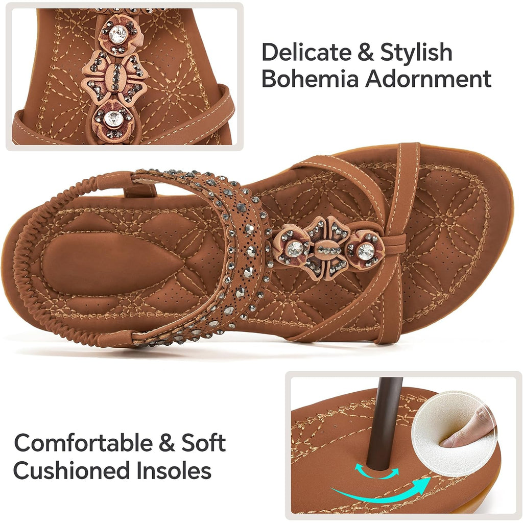 Alicegana Womens Sandals Shoes Comfort Walking With Non Slip On Casual Summer 2026 Shoes Dress Ankle Elastic Jeweled Bohemian Flats Vacation Wedding