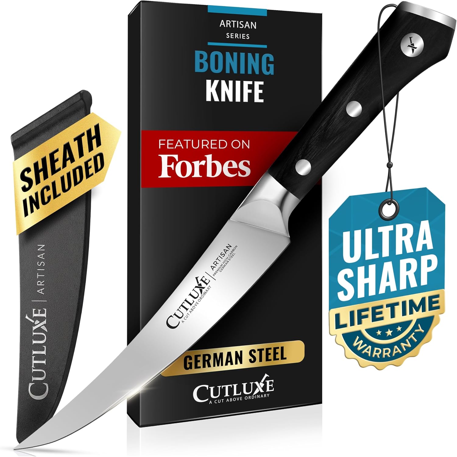 Cutluxe Curved Boning Knife – 6" Boning Knife For Meat Cutting, Filleting – High Carbon German Steel, Full Tang & Ergonomic Handle Design – Artisan Series