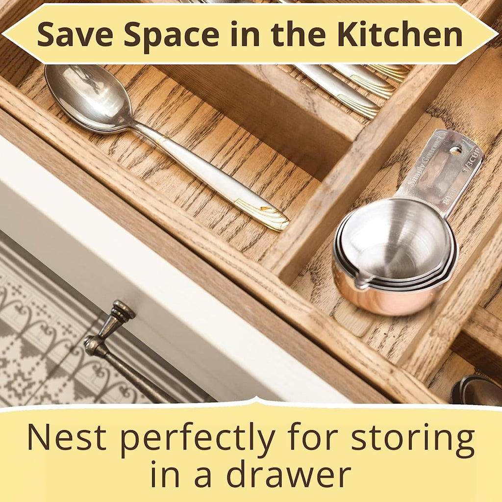 Simply Gourmet Measuring Cups & Spoons Set Of 12, 18/08 Stainless Steel Kitchen Gadgets, Stackable Design With Long Handle Spoons, Fits In Spice Jars, Cooking & Baking Set For Dry & Liquid