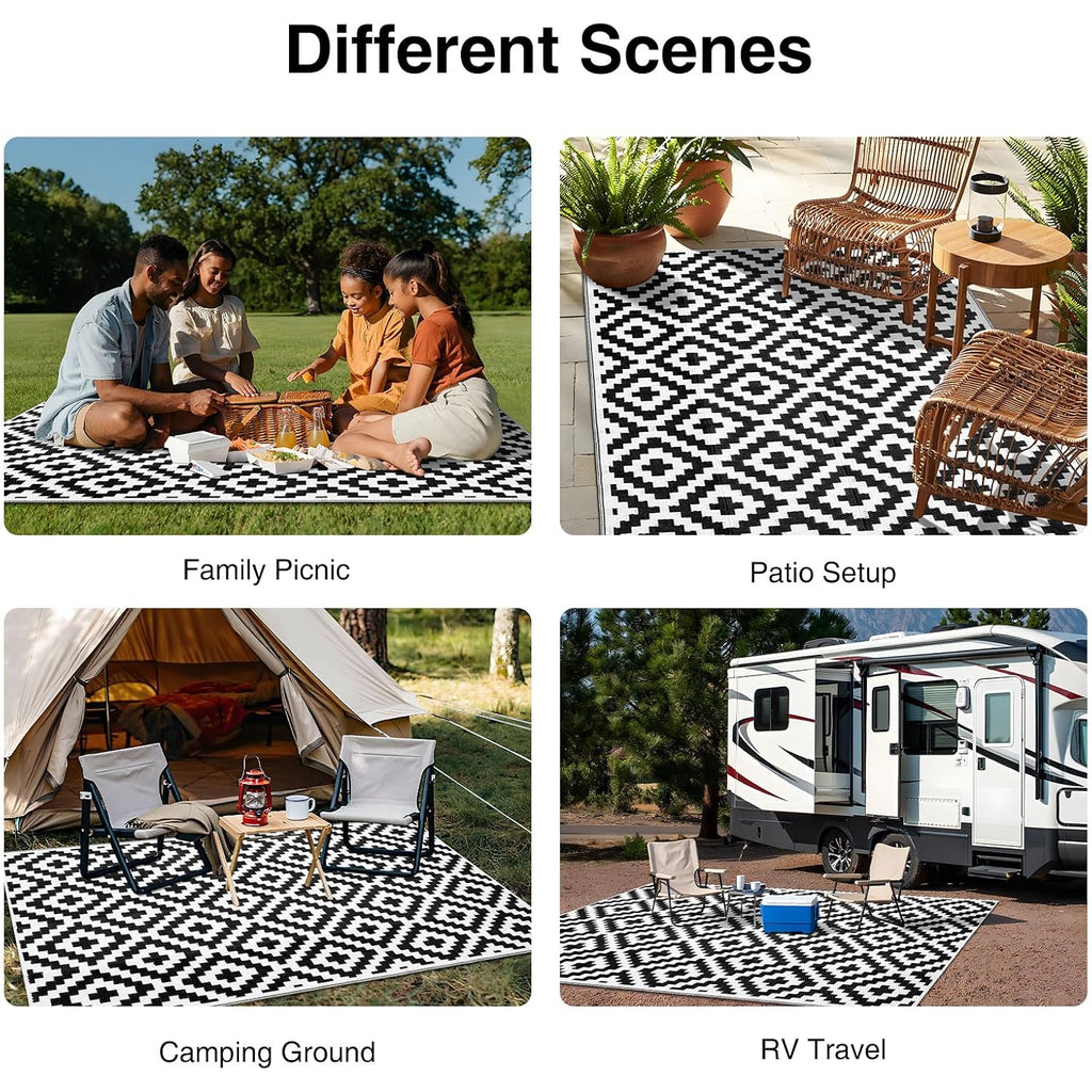 Olanly Waterproof Outdoor Rug 5X8 Ft, Outdoor Plastic Straw Rug For Camping, Rv Mat Outside, Indoor Outdoor Carpet For Porch, Deck, Backyard, Balcony, Picnic, Black & White