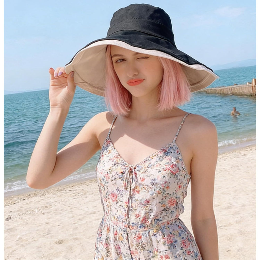 Sun Hat for Women Wide Brim Reversible Double-Sided UV Protection Cotton Fishing Bucket Hat Summer Beach UPF 50+