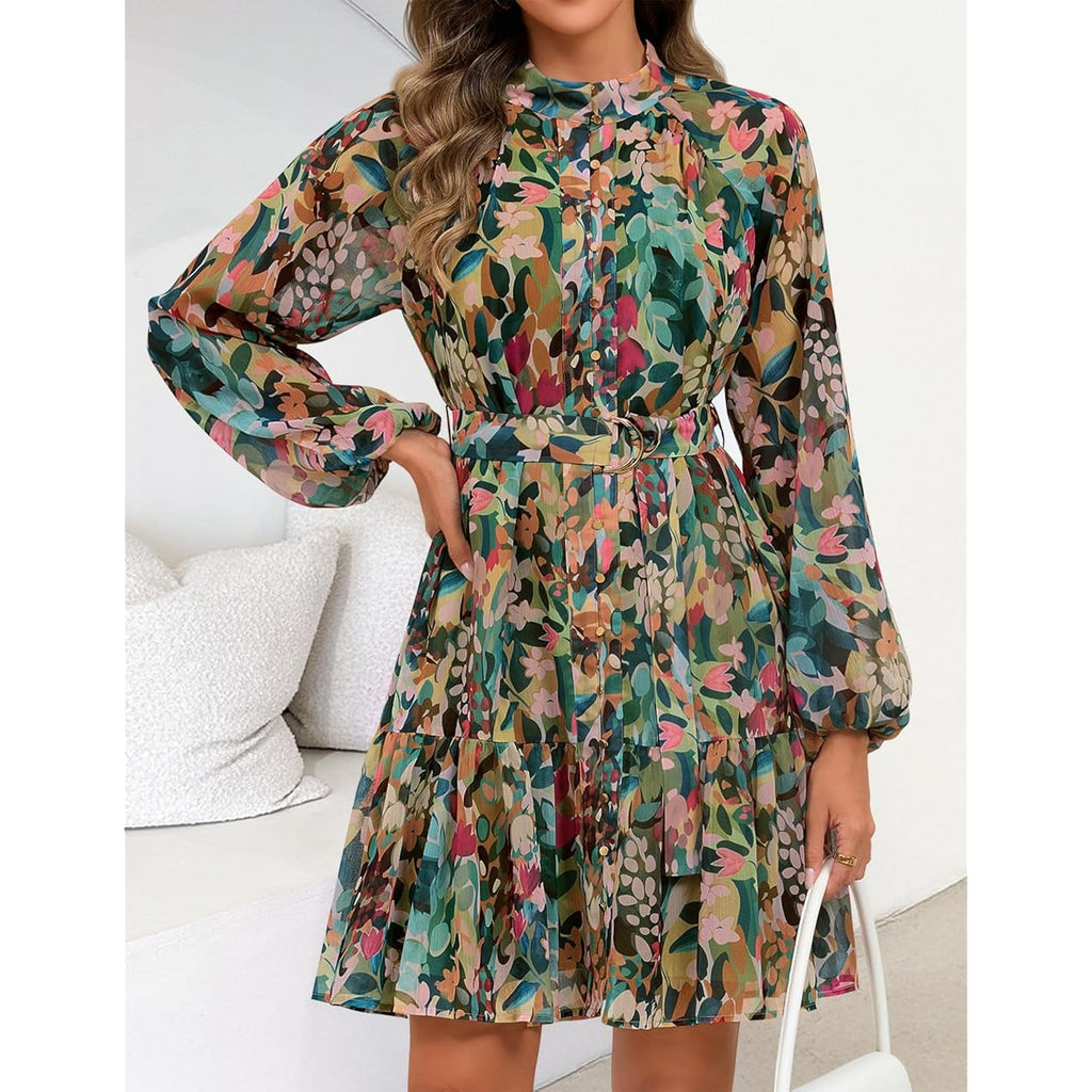 Zesica Womens Spring Summer Floral Mini Dress Long Sleeve Button Chiffon A Line Swing Short Wedding Guest Party Dresses