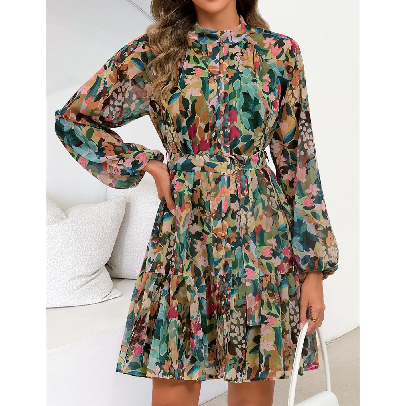 Zesica Womens Spring Summer Floral Mini Dress Long Sleeve Button Chiffon A Line Swing Short Wedding Guest Party Dresses