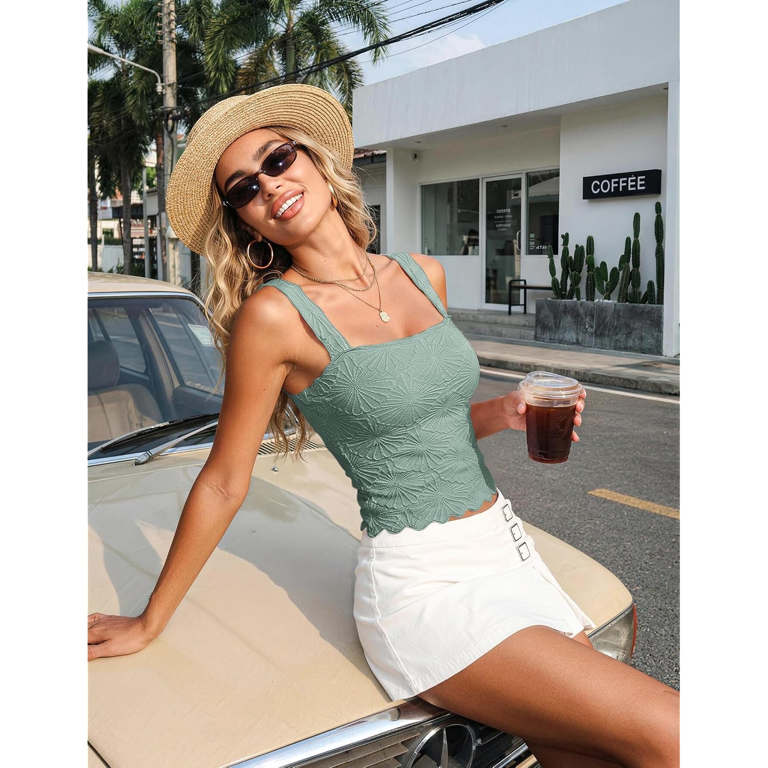 Women's Wide Strap Crop Tank Tops U Neck Flower Going Out Tank Tops Slim Fit Lettuce Print Cropped Camis Top Sleeveless Top(1-Dark Green,Medium)