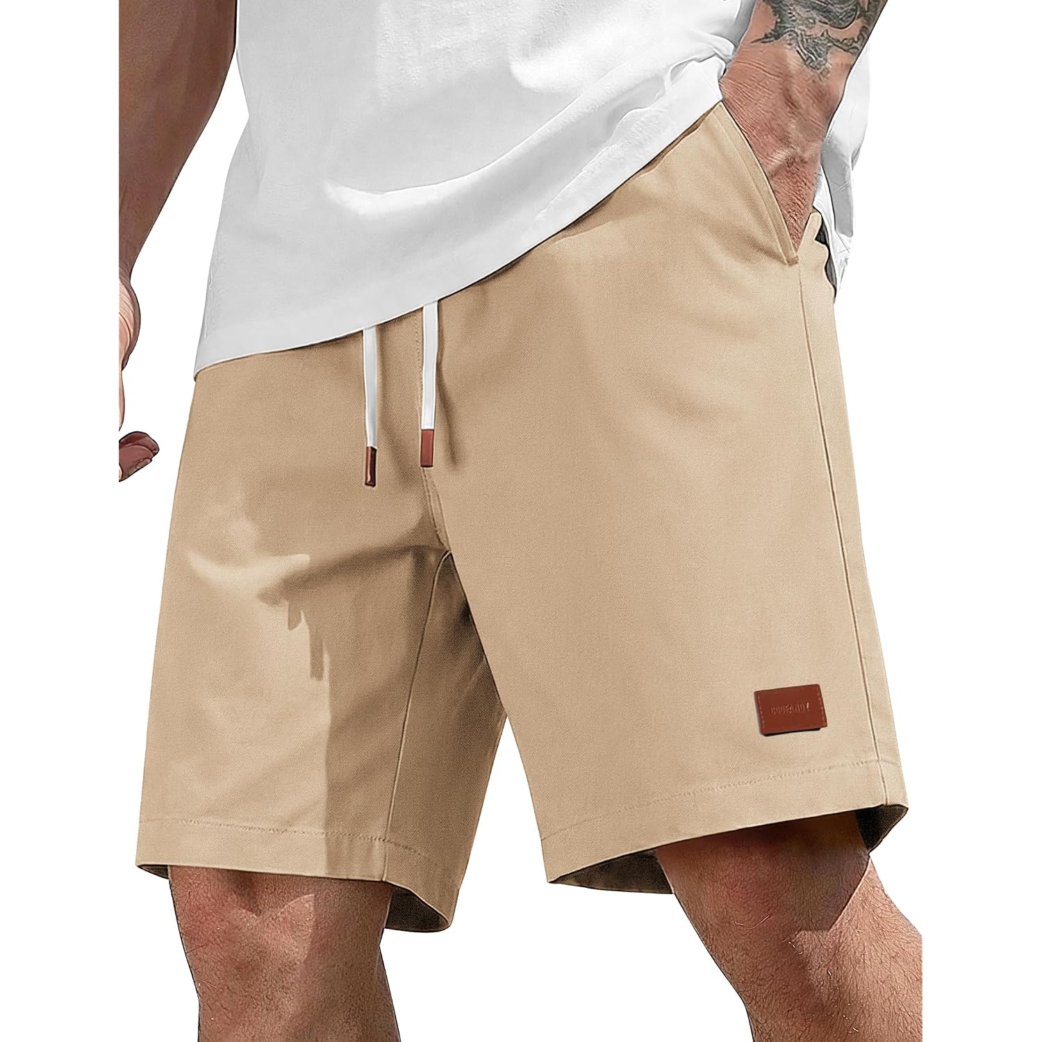 Coofandy Mens Cotton Chino Shorts 9 Inch Casual Shorts Elastic Waist Drawstring Summer Beach Shorts With Pockets