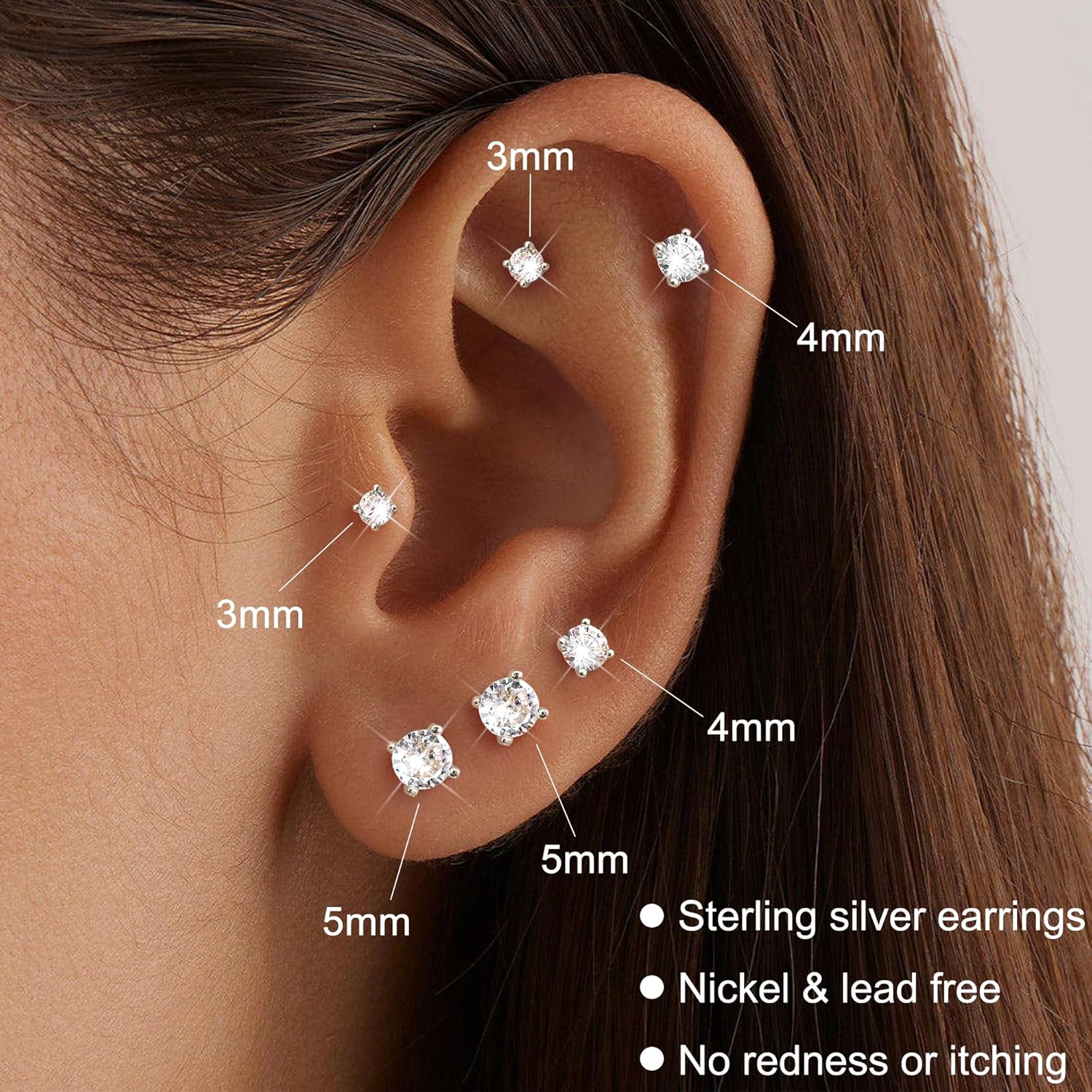 FASACCO 925 Sterling Silver Stud Earrings 18K White Gold Plated Screw Back Earrings for Women Girls Hypoallergenic Cubic Zirconia Earrings Studs 3MM 4MM 5MM Sparkling CZ Over 36 Months Old