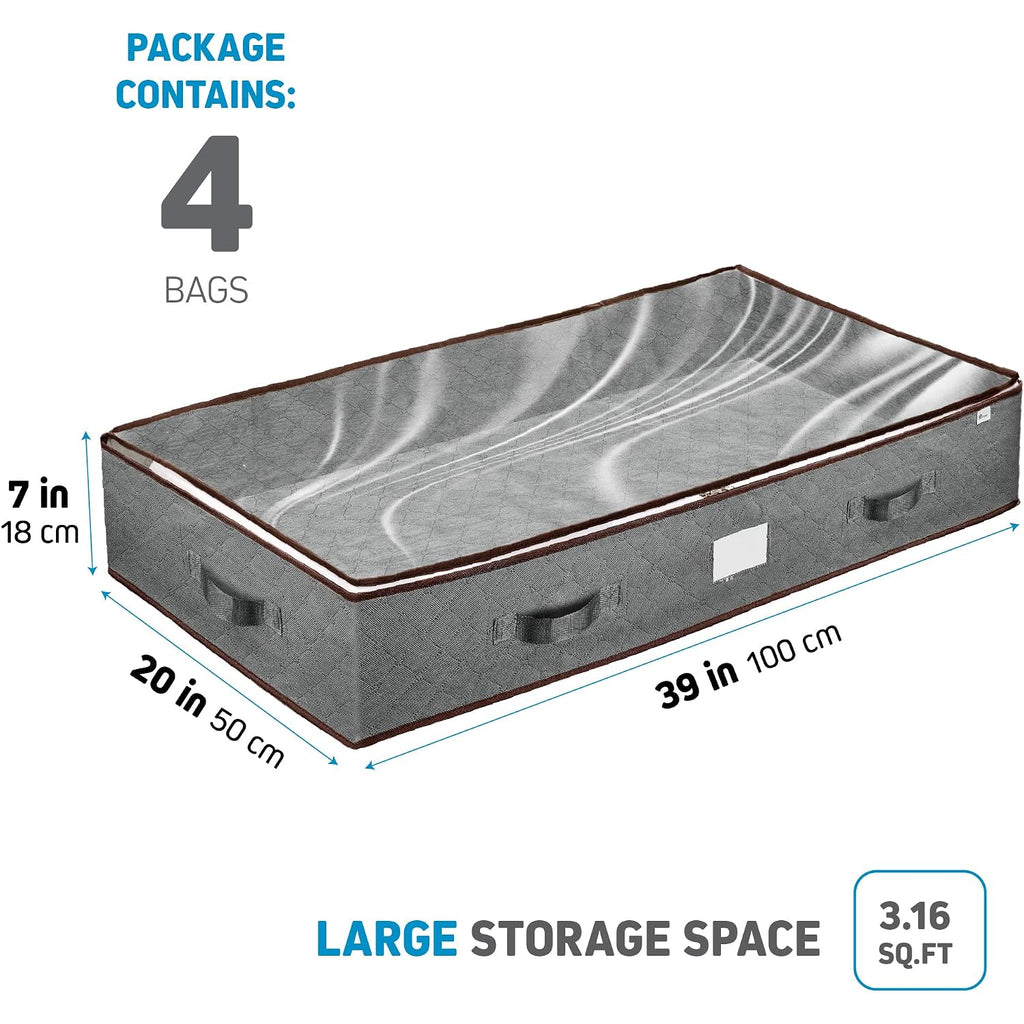 Under Bed Storage Bins - 90L Pack Of 4 Under The Bed Storage Containers For Clothes, Blankets, Winter Clothing, & Shoes - Underbed Storage Containers With Handles, Dual Zippers, & Clear Top